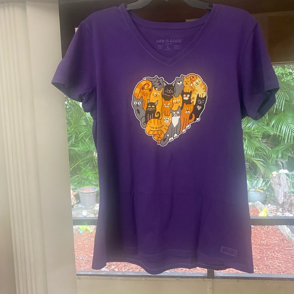 Life Is Good Purple T-Shirt with Cat Heart Design